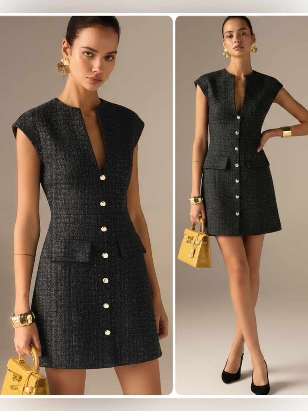 Commense Black Tweed Gold Metal Buttons Sleeveless V-Neck Mini Dress NWT